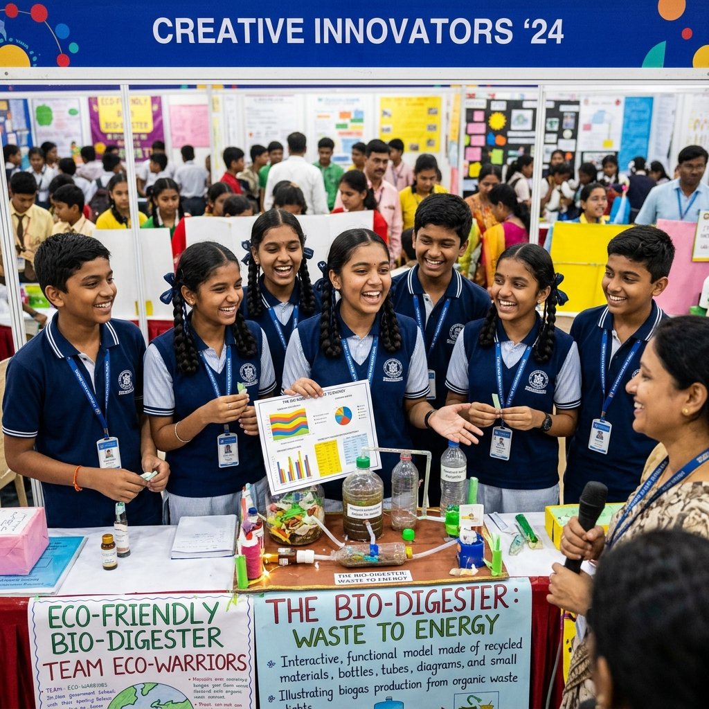 Students presenting project at science exhibition